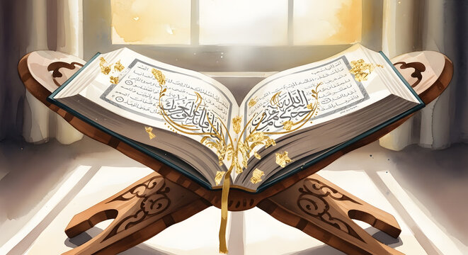 Beautifully illustrated Quran with golden calligraphy on a wooden rehal in peaceful sunlight.