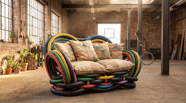 Creative sofa constructed from colorful recycled tires with burlap cushions inside industrial loft representing upcycling circular design reuse innovation for sustainable interiors