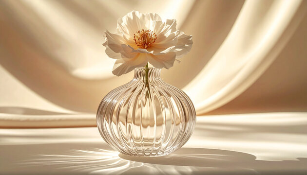 Delicate white flower in clear glass vase with soft light