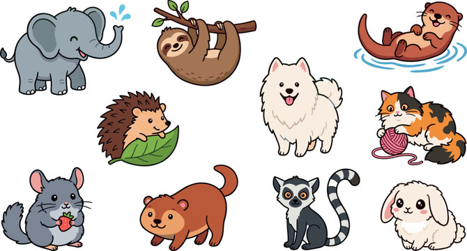 Cute Woodland Animal Cartoon Vector Set Featuring Elephant Sloth Otter Hedgehog Dog Cat Mouse Lemur and Bunny Characters