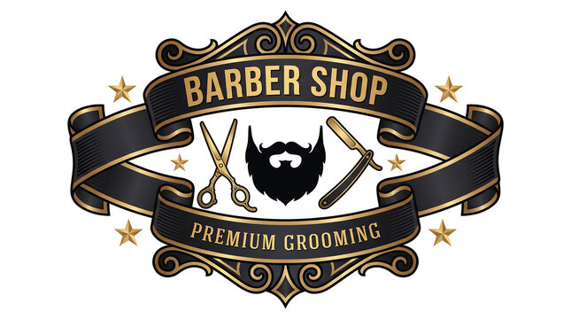 Barber shop emblem features classic grooming tools and a beard.