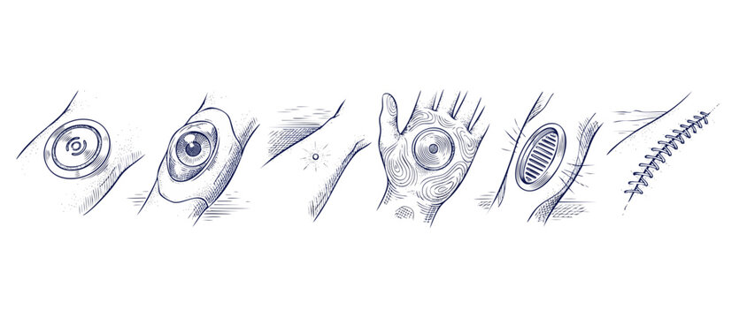 Cybernetic body implants sketch set showing futuristic biohacking technology, sci-fi ports, ocular implant, palm interface, and surgical stitches in retro engraving style for transhumanism concepts.