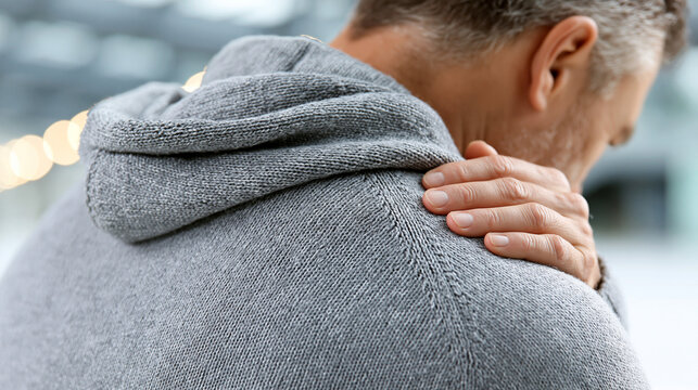 Man in grey hoodie touching his shoulder with pain indoors  