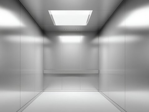 Interior perspective of a modern, sleek, and minimalist elevator with reflective silver walls, a rectangular ceiling light