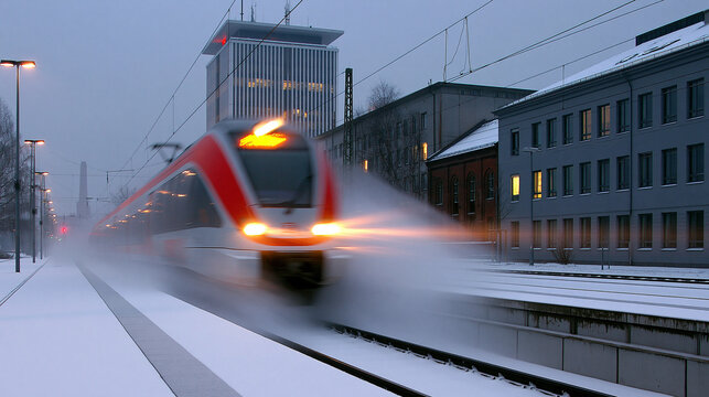 Fast train passing through snowy station at dusk  
