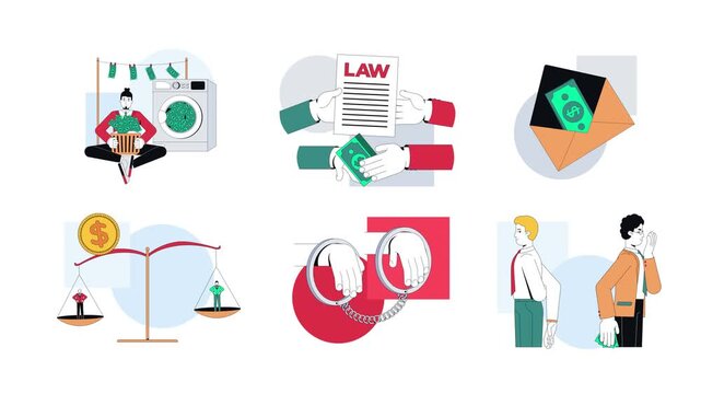Corruption and financial crime 2D animation set. Money laundering. Bribery and handcuffs. White collars animated characters cartoon flat concepts metaphors collection 4K video isolated on transparent