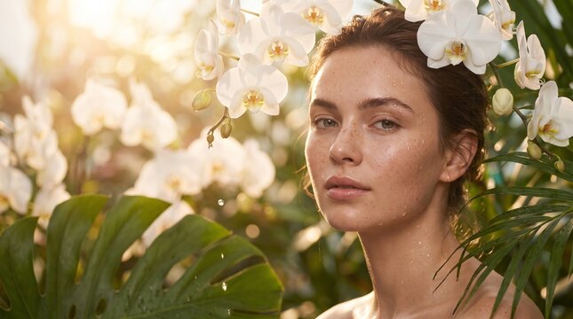 Beautiful Freckled Woman surrounded by White Orchids and Tropical Leaves for Beauty and Skincare Concept