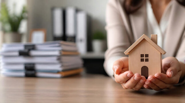 A real estate agent shows clients typical beachfront homes and offers mortgages with a lease agreement and approved homeowners insurance application.