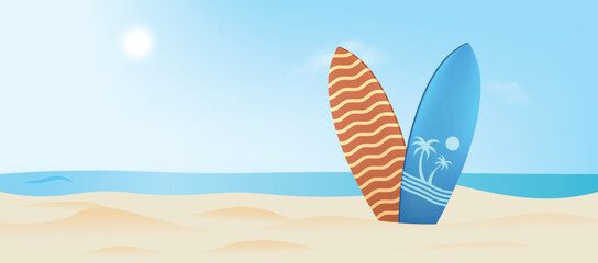 Two colorful surfboards standing upright on sunny tropical beach sand under sky © ArtDawn