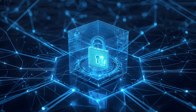 Cybersecurity padlock with digital fingerprint. Data protection and secure network concept.