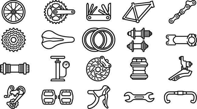 Bicycle spare parts and repair tools thin line icons set featuring chain pump wheel and handlebar elements,