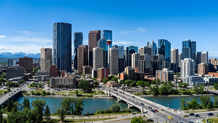 Naklejka premium Panoramic cityscape of calgary downtown with bow river and bridge downtown architecture buildings skyscraper landscape metropolis development financial district destination cityscape