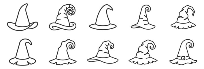 Set of black outline witch hats vector icons for Halloween costume and magic theme on transparent background © gerik_a