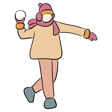 Christmas Winter Vector Illustration Of Woman Throwing Snowball, Young Person Wearing Warm Clothes During Outdoor Holiday Activity, Seasonal Cartoon Isolated On White Background For New Year Design