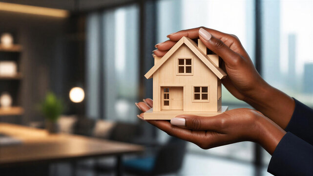 African american real estate agents gives house model to customers and presenting home loans after contract to rental house with approved property application insurance, free text space