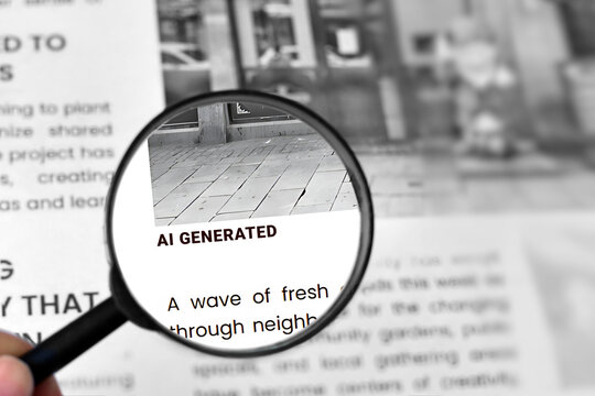 Magnifying glass highlighting AI Generated text in newspaper article as concept for detecting fake news and identifying AI images