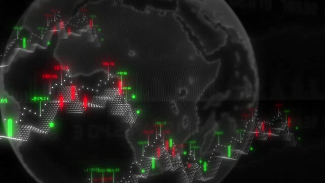 colourful candlestick chart pattern graph with rotating globe infographic dashboard showing word economy modern design business stock market backrground
