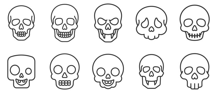 set of various cartoon human skull line icons collection on transparent background