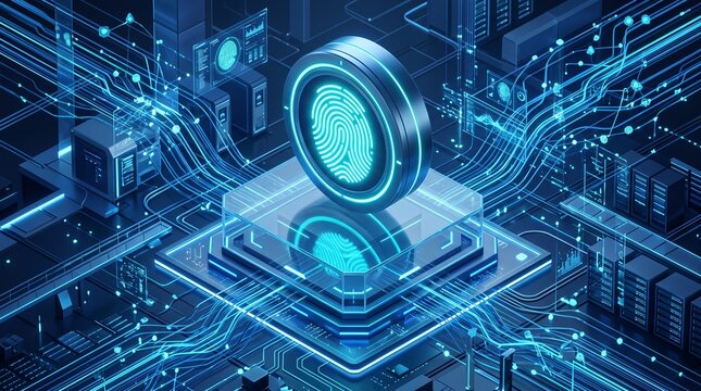 Biometric fingerprint scanner on digital circuit board, cybersecurity identity verification technology, glowing blue microchip with touch sensor