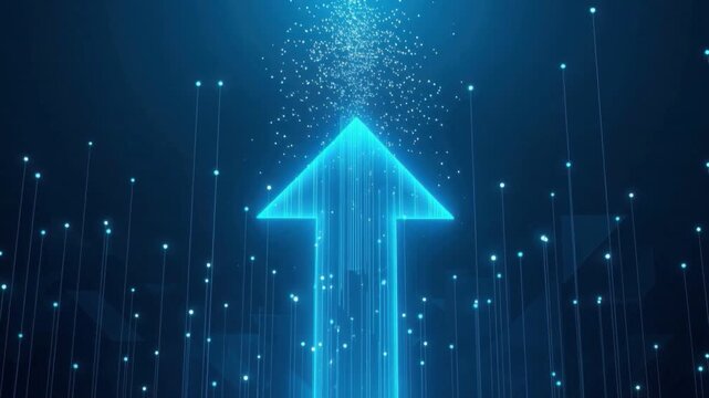 Blue neon geometric pyramid in dark space with sparkling particles