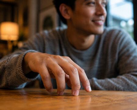 Close-up of hand tapping rhythm on wooden table with gentle smile in background, natural stimming moment