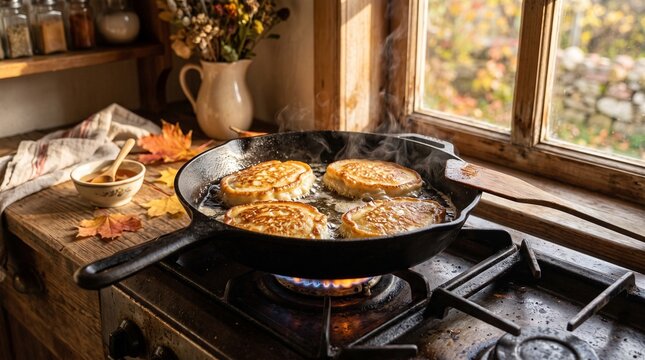 Traditional homemade pancakes cooking.  autumn breakfast pancakes. cooking pancakes close up. home country kitchen. frying pancakes in a pan. autumn cooking atmosphere