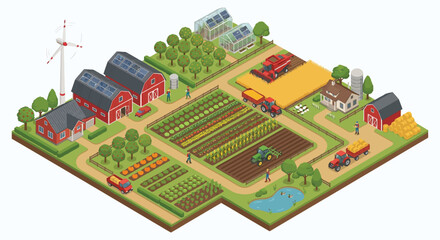 Isometric farm scene depicts agricultural land buildings and machinery in a detailed vector illustration farmland © Victoria hub