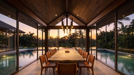 Fototapeta premium Luxury Modern Tropical Villa Dining Pavilion with Infinity Pool at Sunset, Elegant Open Concept Architecture