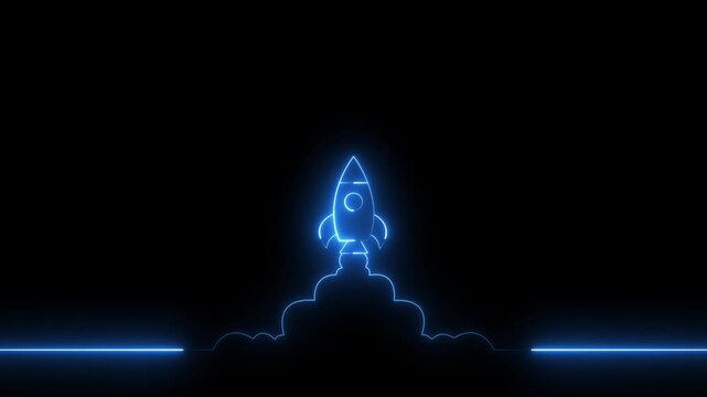 Neon rocket launch animation. Digital spaceship taking off with glowing blue light lines.