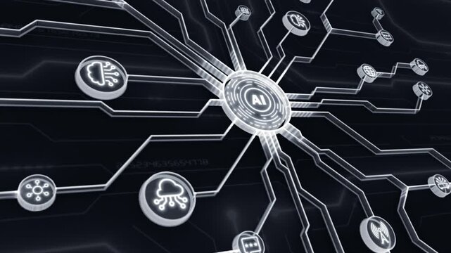 White color glowing nodes AI processing multiple data and performing multi tasking  artificial intelligence black technology background