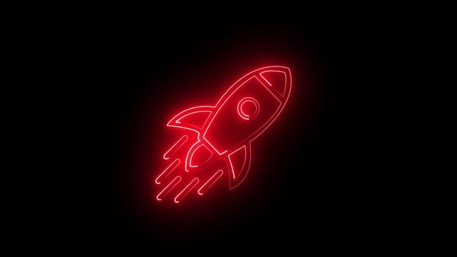 Glowing red rocket neon icon. Launching spaceship symbol for startup business growth.