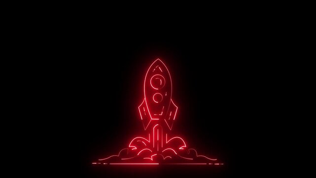 Neon rocket launch animation. Glowing red spaceship taking off on black background.