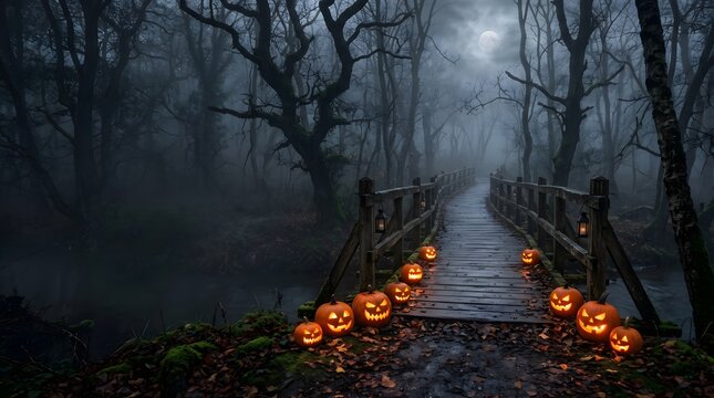 Carved jack o lanterns in a dark forest path