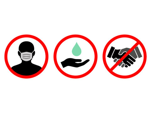 Pandemic Prevention Safety Icons: Mask, Hand Sanitizer, and No Handshake Symbols