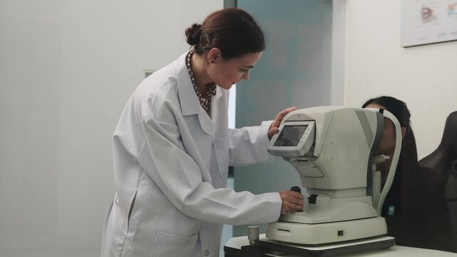 Female patient eye exam with refractometer device, vision and eyesight improvement by expert optometrist woman, diagnostic for eyeglasses lens, professional technology services in optical clinic.