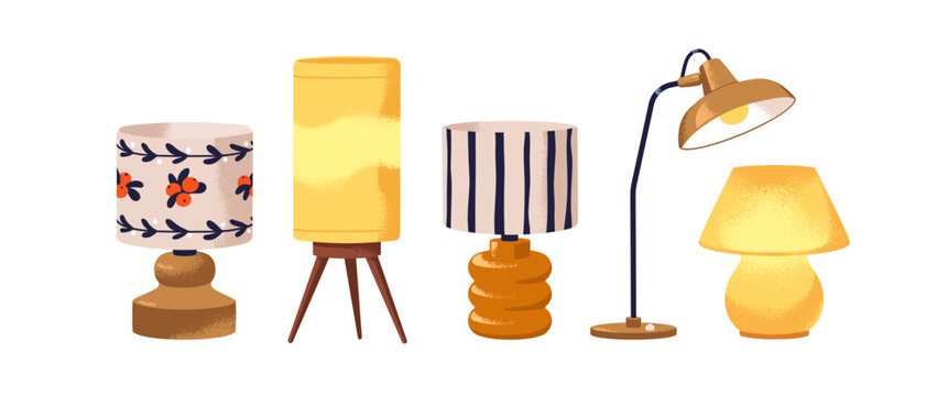 Table and floor night lamps set. Modern retro mid-century light decorations with lampshade designs. Electric illumination for home, bedside. Flat vector illustrations isolated on white background