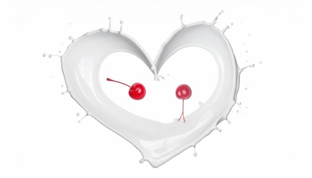 Milk forms a heart shape with two cherries floating inside against a white background, suggestive of love