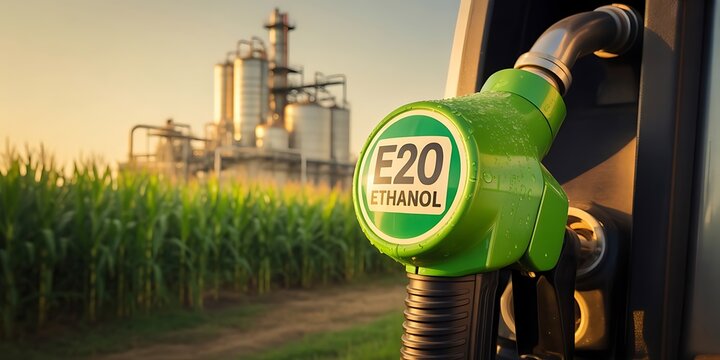 Green e20 ethanol fuel pump nozzle in the foreground with a large industrial bio-refinery and corn field under a warm sunset sky in the background