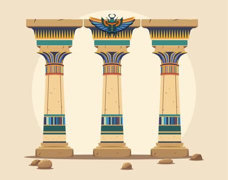 three ancient Egyptian columns, the symbol of the winged scarab, ancient Egypt 