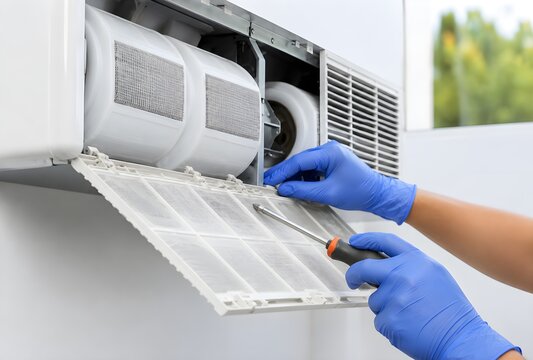 Commercial HVAC Service Technician Performing Professional Wall Mounted Air Conditioner Preventive Maintenance for Building Cooling System Efficiency and Improved Indoor Air Quality