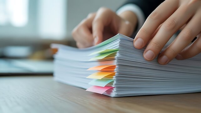 Hands managing a stack of white paper documents with multiple colorful sticky note tabs for indexing on a modern office desk surface