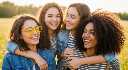 Obraz premium Four smiling young women with arms around each other in a sun-drenched field, symbolizing friendship, joy, and connection, representing lifestyle concepts