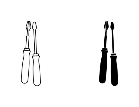 Screwdriver Icons, Hand Tool Vector Set, DIY Repair Equipment, Black and White Graphics
