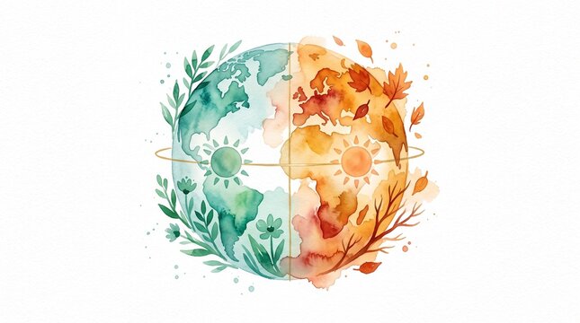 Watercolor earth globe showing seasonal change, spring and autumn equinox concept, planet earth with green leaves and orange fall foliage on white background