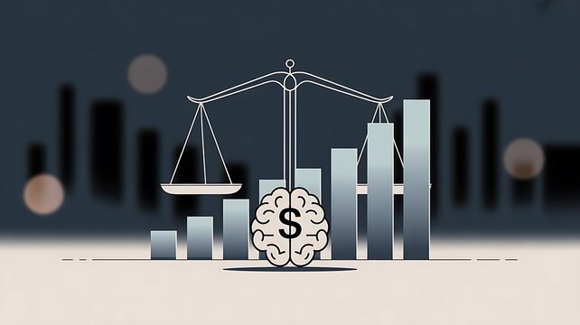 Minimalist of scales of justice and rising bar chart with dollar sign brain for legal and financial consulting services concept
