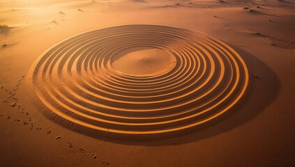 Naklejka premium Large circular sand dunes create concentric ripple patterns in the desert during golden hour for travel industry imagery.