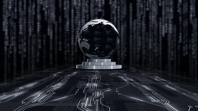 White color rotating 3d glass globe with glowing circuit board digital rain hi tech design black technology background  