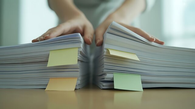 Two stacks of white paper documents being organized by hands with colorful sticky note tabs on a wooden desk in a office setting