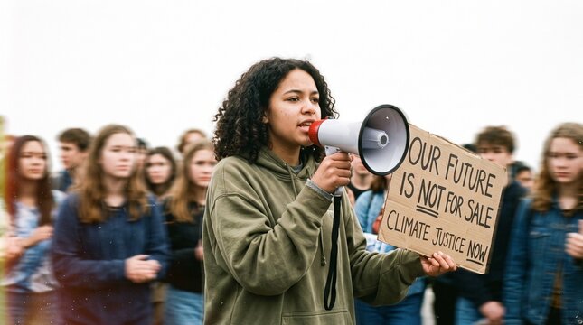 Young female activist shouting into megaphone at climate protest, diverse group of students at environmental rally, girl holding sign for climate justice