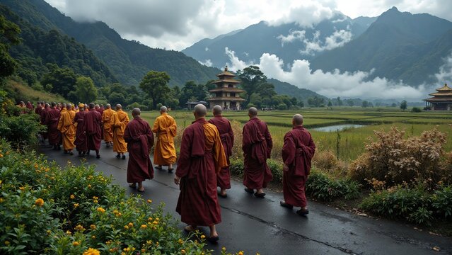 Monks Walking in Serene Landscape Near Temple Surrounded by Mountains